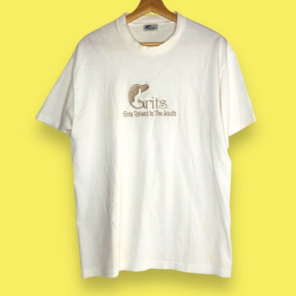 Vtg Grits Women Embroidered Girls Raised In The South Sz L Single Stitch T Shirt